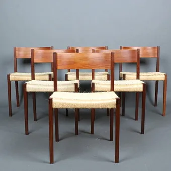 Poul Cadovius. Cado (Royal Persiennen)، ستة كراسي طعام، طراز "Pia"، خشب الساج، حبل ورقي، الدنمارك، تصميم 1959