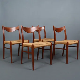 Arne Wahl Iversen 为 Glyngøre Stolefabrik 设计，四把椅子 / 餐椅，型号 'GS60'，柚木，绳编，1960年代，丹麦（4）