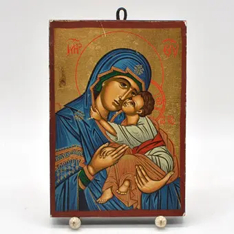 MADONNA-IKONI, "ELEUSA", BYSANTTILAISEEN TYYLIIN, TEMPERA JA KULTA PUULLE, 1900-LUKU, SERTIFIKAATILLA.