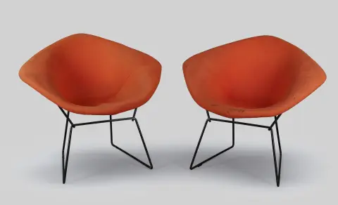 Harry Bertoia za Knoll, dvije „Diamond Chairs 421“, bijela čelična žica, crna praškasta prevlaka, presvlaka Hopsak narančaste boje, v…