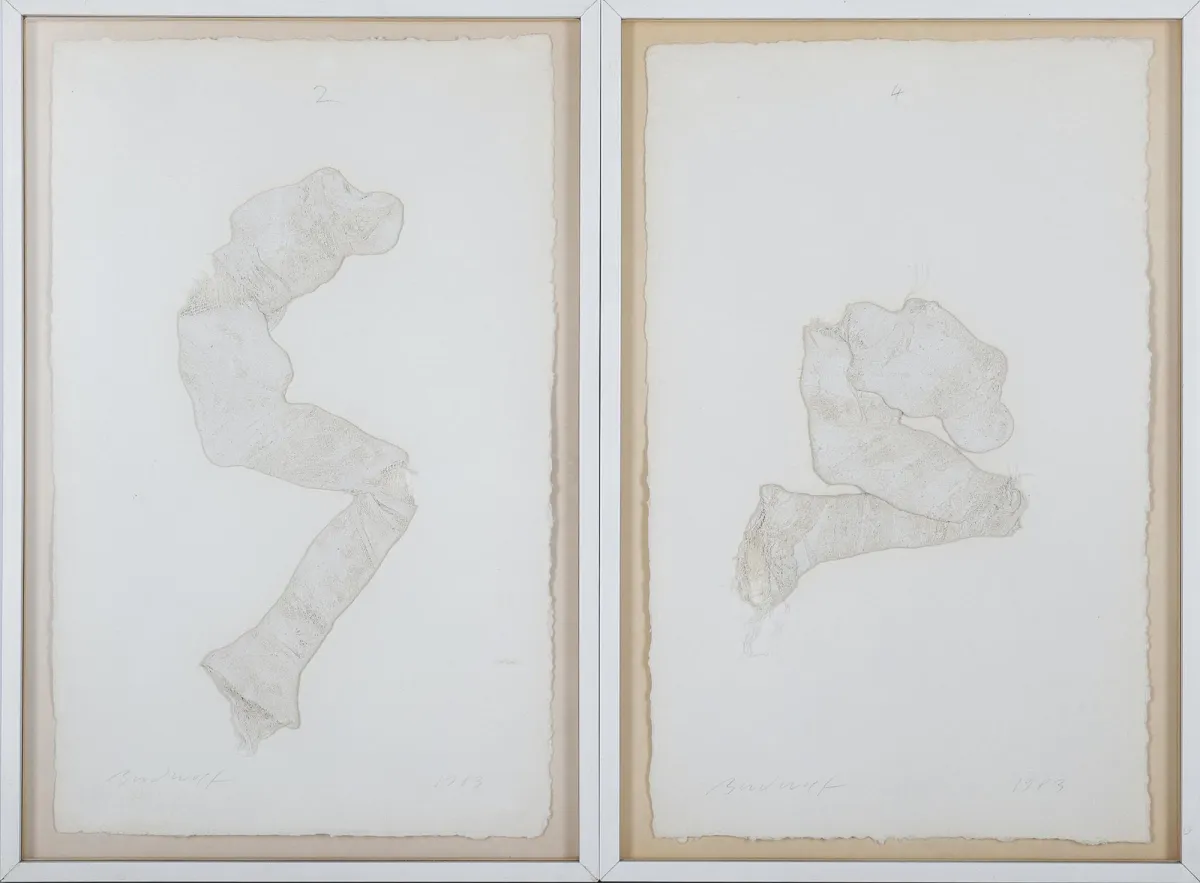 Jürgen Brodwolf, l.u.sig. 和 r.u.dat. 1983, Dübendorf 1932 – 活跃于 Kandern，「Kauernde Figuren」，两件亚麻布拼贴/…