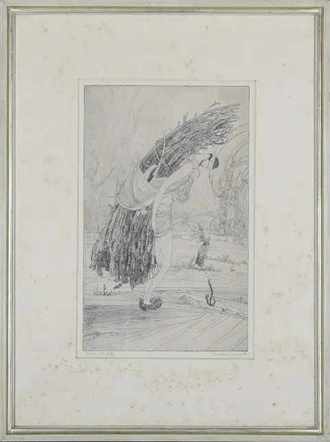 Rahman Chughktai, handgesigneerd, Lahore 1897 – 1975 aldaar, "A Kashmiri woodcutter", getiteld, ets, 45,3 x 29 cm, roestvlekken