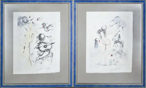 Dali, gesigneerd en gedateerd, elk met droogstempel, 'Femme à la guitare' en 'Femme, cheval et la mort', twee kleurenaquatinten over etsen/Japan