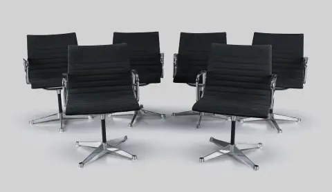 Charles és Ray Eames, hat forgószék „EA 108“, egyenként 938-148 sz., 1958-as tervezés, kivitel Hermann Miller by Vitra, krómozott alumínium,...