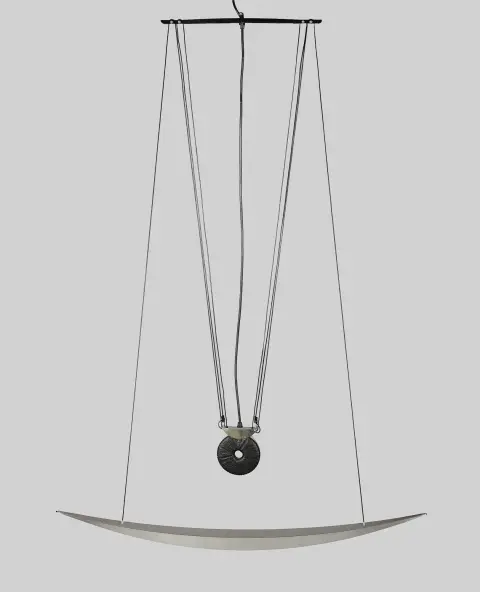Georg Alexander Eisenhut GIO Lightille, riippuvalaisin «EN-TECE-EM», muotoilu 1988, ruostumaton teräs, korkeussäädettävä (muuntaja vastapainona), L = 100 cm, testaamaton