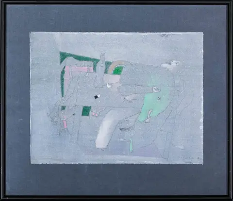 Fritz Fröhlich, gesigneerd rechtsonder, gedateerd (19)77, Linz 1910 – 2001, "Zu Tisch", pastel, 24,5 x 33 cm