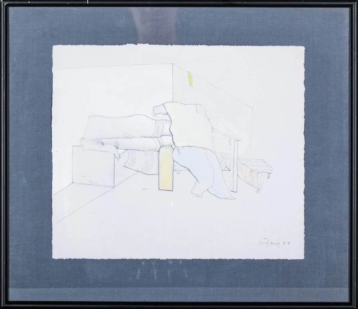 Fritz Fröhlich，签名并注明日期(19)77，林茨 1910 – 2001 同地，《Schlafzimmer》，粉彩、炭笔与不透明白，26,5 x 30 厘米（画页）