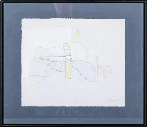 Fritz Fröhlich, gesigneerd rechtsonder, gedateerd (19)77, Linz 1910 – 2001, "Schlafzimmer", pastel, houtskool en dekwit, 26,5 x 30 cm (blad)