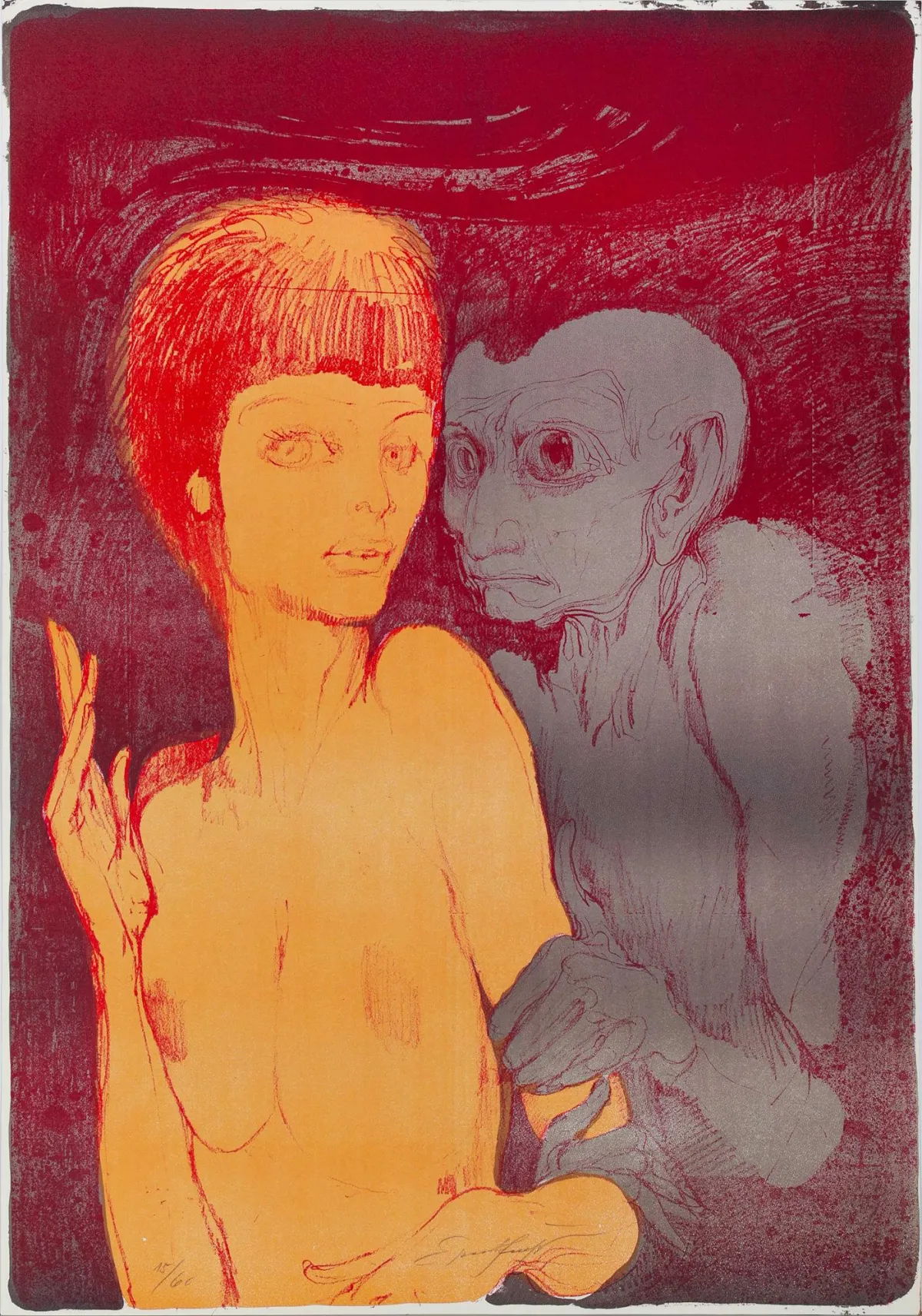 Ernst Fuchs，手签，维也纳 1930 – 2015 同地，《Das ungleiche Paar》，彩色石版画，15/60，92,5 x 64,5 厘米，有压痕，无框