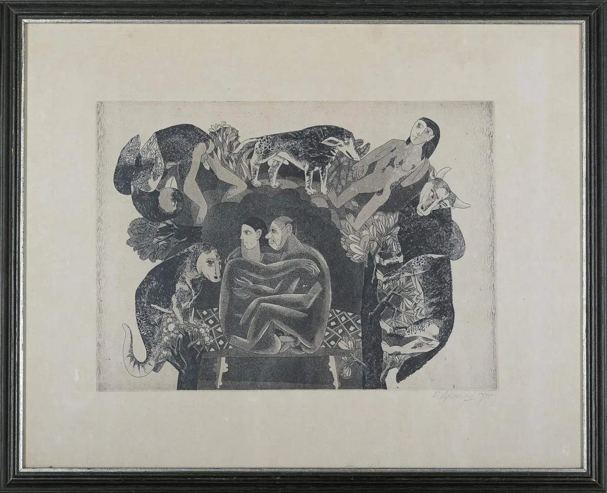 Kalal Laxma Goud，右下角手签，日期1975，尼扎姆普尔 1940 – 活跃于特伦甘纳（印度），《无题——与动物在一起的一对》，飞尘腐蚀版画，…