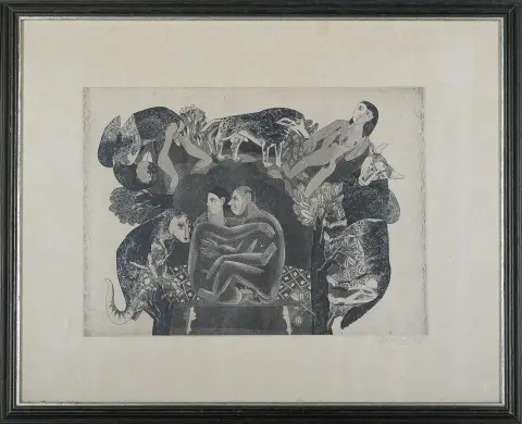 Kalal Laxma Goud, signé à la main en bas à droite, daté 1975, Nizampur 1940 – actif au Telangana (Inde), « o.T. – Paar mit Tieren », aquatinte, sans indication, 25,5 x 35,2 cm, bruni