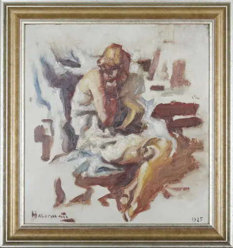 Hugo von Habermann, signé en bas à gauche, daté en bas à droite 1925, Dillingen 1849 – 1929 Munich, « Mädchen auf einer Parkbank », huile sur carton, 41 x 37,5 cm