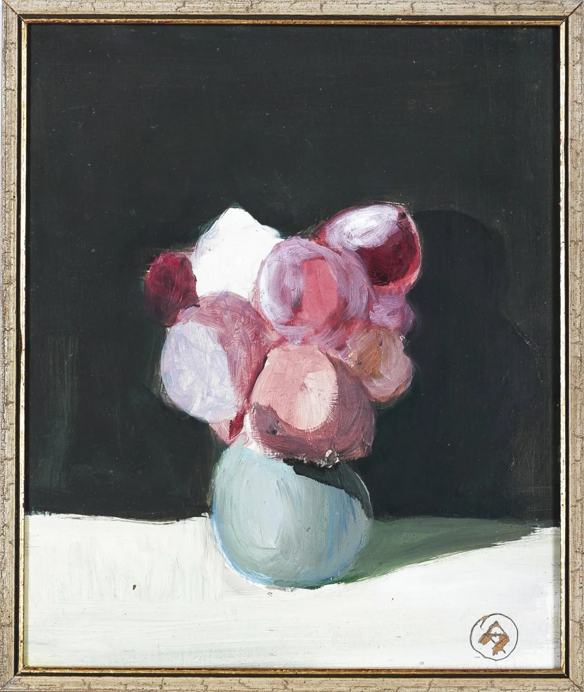 Robert Hammerstiel, r.u.mon., Werschetz 1933 – 2020 Neunkirchen,《Pfingstrosen》,油画/硬质纤维板,21 x 18 cm,因字母组合签名导致颜料剥落