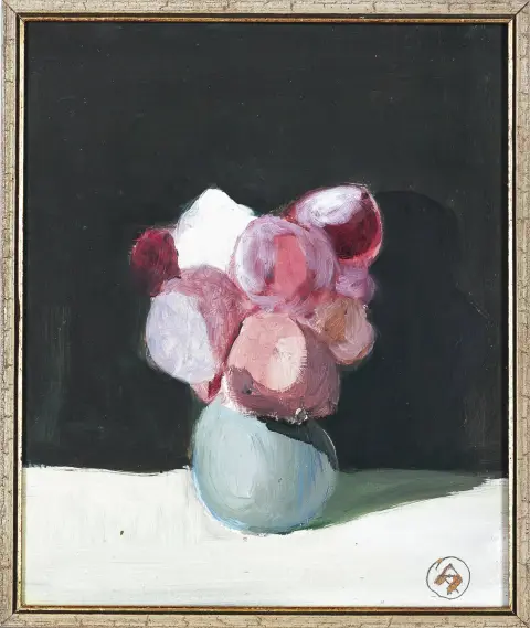 Robert Hammerstiel, monogrammé en bas à droite, Werschetz 1933 – 2020 Neunkirchen, « Pivoines », huile/panneau de fibres, 21 x 18 cm, éclats de peinture en raison du monogramme