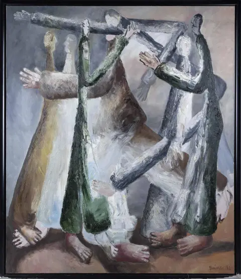 Sebastian Heiner, signé en bas à droite, daté (19)92, signé et daté au verso 1992, Berlin 1964 – actif dans la même ville, « Figurengruppe », barré au verso : « Der Röhrenmann », huile sur toile, 185 x 155 cm