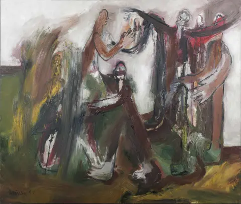 Sebastian Heiner, signé en bas à gauche et daté (19)92, signé et daté au verso 1992, Berlin 1964 – actif dans la même ville, « Der Empfang », huile sur toile, 120 x 140 cm