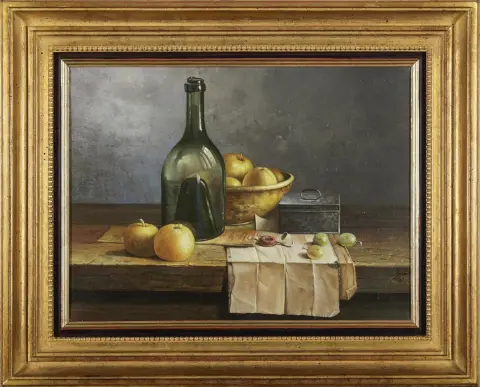 Hugo Helder, signé en bas à droite, né en Hongrie 1942, « Nature morte avec verre, céramique, métal et fruits », huile/toile, 30 x 40,5 cm