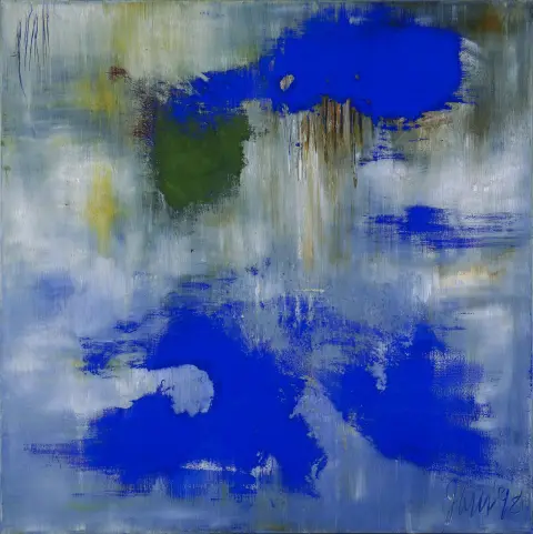 Brigid Ibell, signé et daté (19)98 en bas à droite, Le Cap 1958 – active à Francfort-sur-le-Main, « o.T. – Blau », huile et pigment/toile, 120 x 120 cm, sans cadre