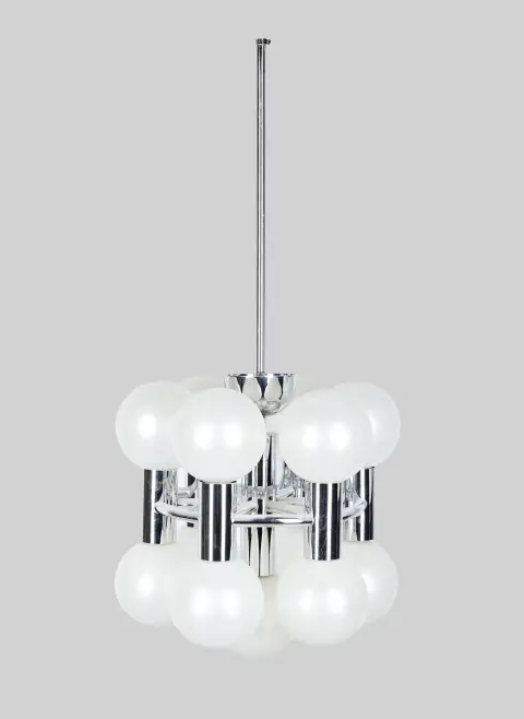 Motoko Ishii Staffille, kattovalaisin «Sputnik», metalli, kromattu, 13 opaalilasipalloa, K = 90 cm, käytön jälkiä, ilman takuuta (42212-61)
