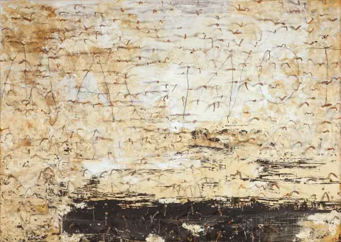 Anselm Kiefer, 1996, Donaueschingen 1945 – actief o.a. in Barjac en Parijs, "Maginot", getiteld, houtskool op houtsnede, krijt en asperges op doek, 280 x 380 x 45 cm, aspergestengels deels gebroken – Herkomst: Studio Anselm Kiefer, Barjac; tentoonstelling WEGE DER WELTWEISHEIT, Arp Museum, Bahnhof Rolandseck Remagen 29 september 2007 tot 28 september 2008 – (42244-2) Naast 20% opgeld (incl. BTW) geldt het volgrecht (droit de suite).