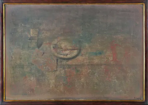 Yuri Kuper, gesigneerd rechtsonder, onduidelijk gedateerd, Moskou 1940 – actief in Frankrijk en New York, “zonder titel”, olie/doek, 81 x 115 cm