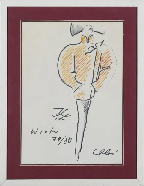 Karl Lagerfeld, monogram midden, gedateerd winter (19)79/80, Hamburg 1933 – 2019 Parijs, “Chloé”, getiteld, viltstiftekening op folie over viltstift-, potlood- en houtskooltekening op papier, 29,6 x 21 cm (blad), licht foxing, gebruind