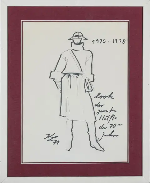 Karl Lagerfeld, monogram midden links, gedateerd (19)79, Hamburg 1933 – 2019 Parijs, “1975-1978 – look van de tweede helft van de jaren 70”, getiteld, potlood- en viltstiftekening, 29,6 x 21 cm (blad), licht foxing, gebruind, gekreukt