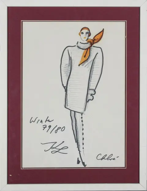 Karl Lagerfeld, gesigneerd linksonder, gedateerd winter (19)79/80, Hamburg 1933 – 2019 Parijs, "Chloé", getiteld, viltstifttekening op folie over viltstift-, potlood- en houtskooltekening op papier, 29,6 x 21 cm (blad), licht foxed, gebruind, kreukelig