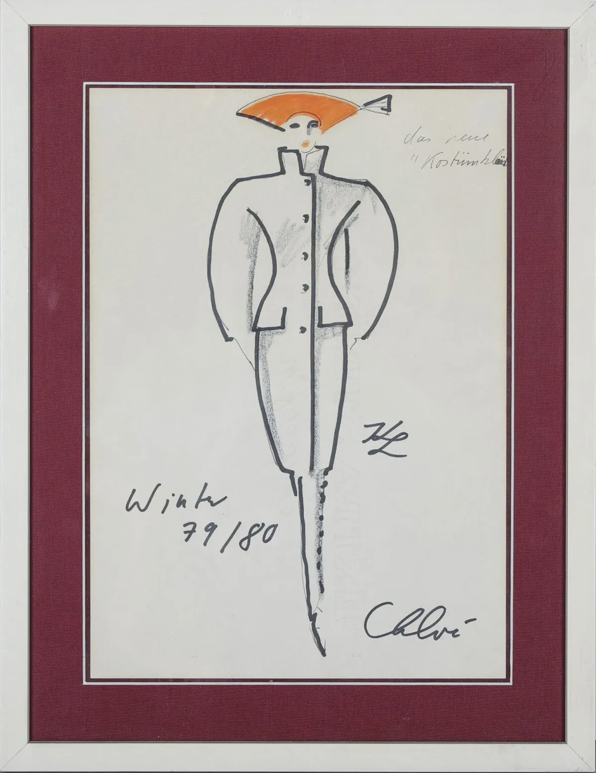 Karl Lagerfeld，r.m.mon.，日期1979/80年冬，汉堡1933 – 2019巴黎，《Chloé——新款套装裙》，有题名，毡笔素描