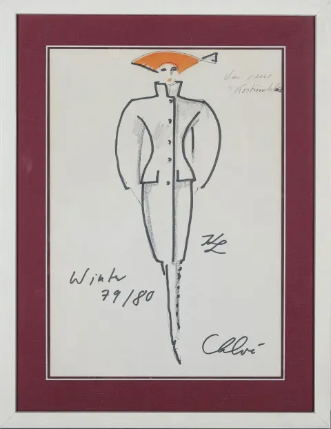 Karl Lagerfeld, gesigneerd rechtsonder, gedateerd winter (19)79/80, Hamburg 1933 – 2019 Parijs, "Chloé – de nieuwe kostuumjurk", getiteld, viltstifttekening op folie over viltstift-, potlood- en houtskooltekening op papier, 29,6 x 21 cm (blad), licht foxed, gebruind
