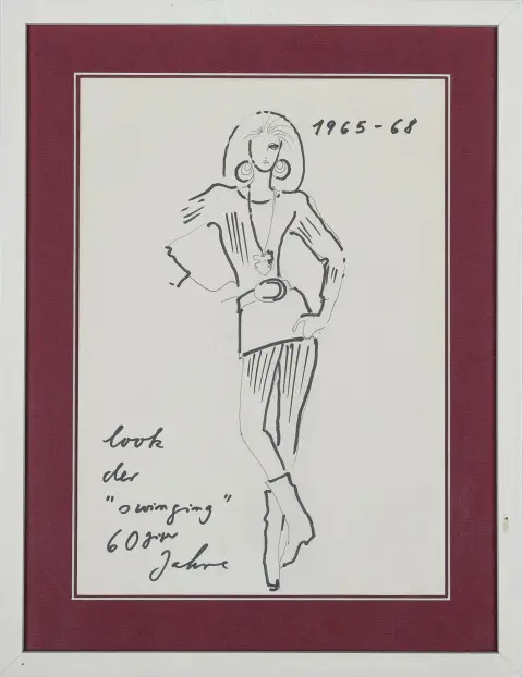 Karl Lagerfeld, ongesigneerd, gedateerd 1965-68, Hamburg 1933 – 2019 Parijs, "look van de 'swinging' jaren 60", getiteld, viltstift- en potloodtekening, 29,6 x 21 cm (blad), licht foxed en gebruind, kreukelig