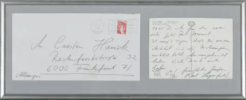 Karl Lagerfeld, poststempel 14-8-1979, Hamburg 1933 – 2019 Parijs, "Dankkaart aan Carsten Hauck", 14,7 x 40,5 cm (ansichtkaart met handtekening)
