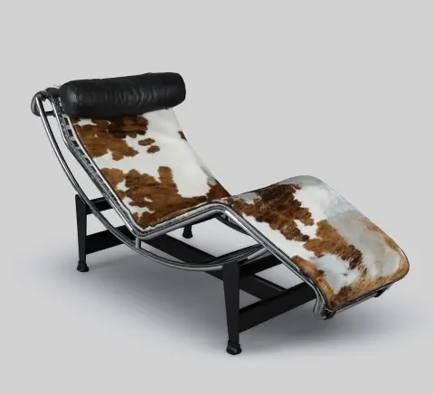 Le Corbusier, lepotuoli ”LC4”, nro 80660, suunnittelu 1928, valmistus Cassina, teräsputki, osin kromattu, ja turkis, L = 165 cm, turkis kulunut,