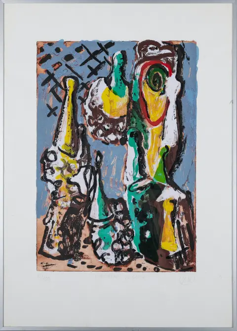 Markus Lüpertz, rechtsonder handgesigneerd, Liberec 1941 – actief o.a. in Berlijn, „Vulgärer Besuch”, getiteld, kleurenzeefdruk, 69/100, 50 x 35 cm