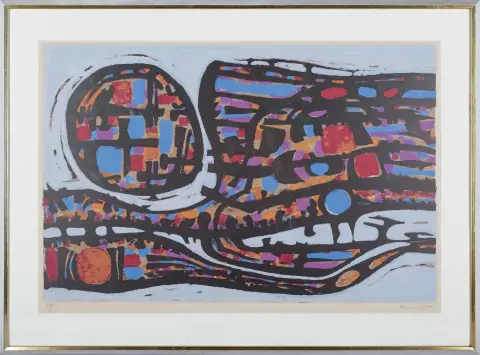 Alfred Manessier, rechtsonder handgesigneerd, Saint-Ouen 1911 – 1993 Orléans, „La Route”, kleurenlithografie, 58/90, 54 x 82,5 cm, gebruind