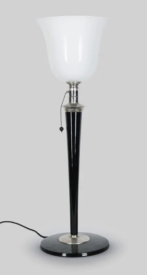 Pöytälamppu, Mazda, puu, metalli, pianolakka, opaalilasisäleikkö, H = 80 cm, tekstiilikaapeli, naarmuja, F.n.g. (41846-99)