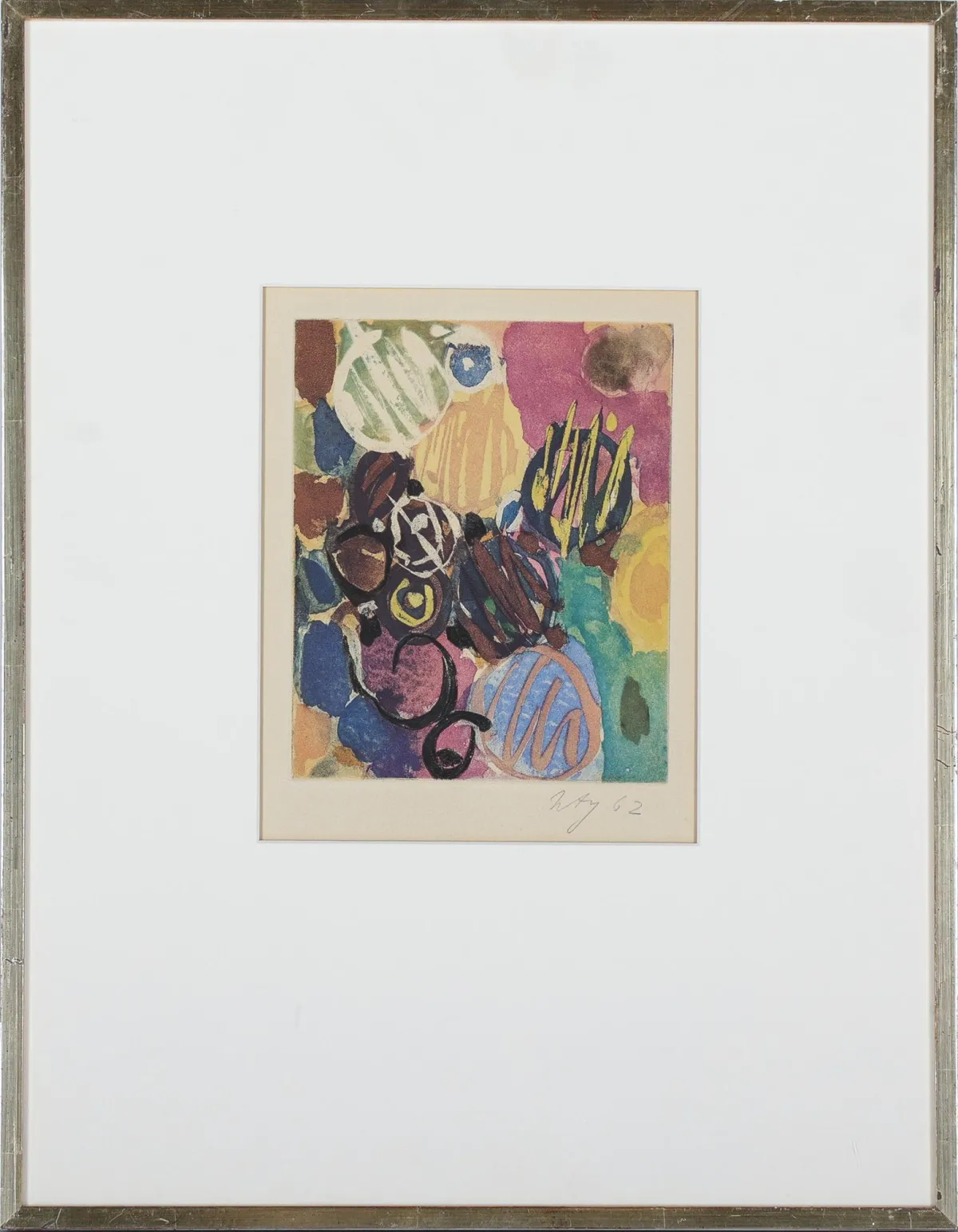 Ernst Wilhelm Nay, r.u.handsig., dat. (19)62, Berlin 1902 – 1968 Köln, „o.T.“, Farbaquatintaradierung, o.A., 17 x 14 cm, gebräunt (42038-5)