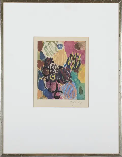 Ernst Wilhelm Nay, signé à la main en bas à droite, daté (19)62, Berlin 1902 – 1968 Cologne, « sans titre », aquatinte en couleurs, sans indication, 17 x 14 cm, bruni