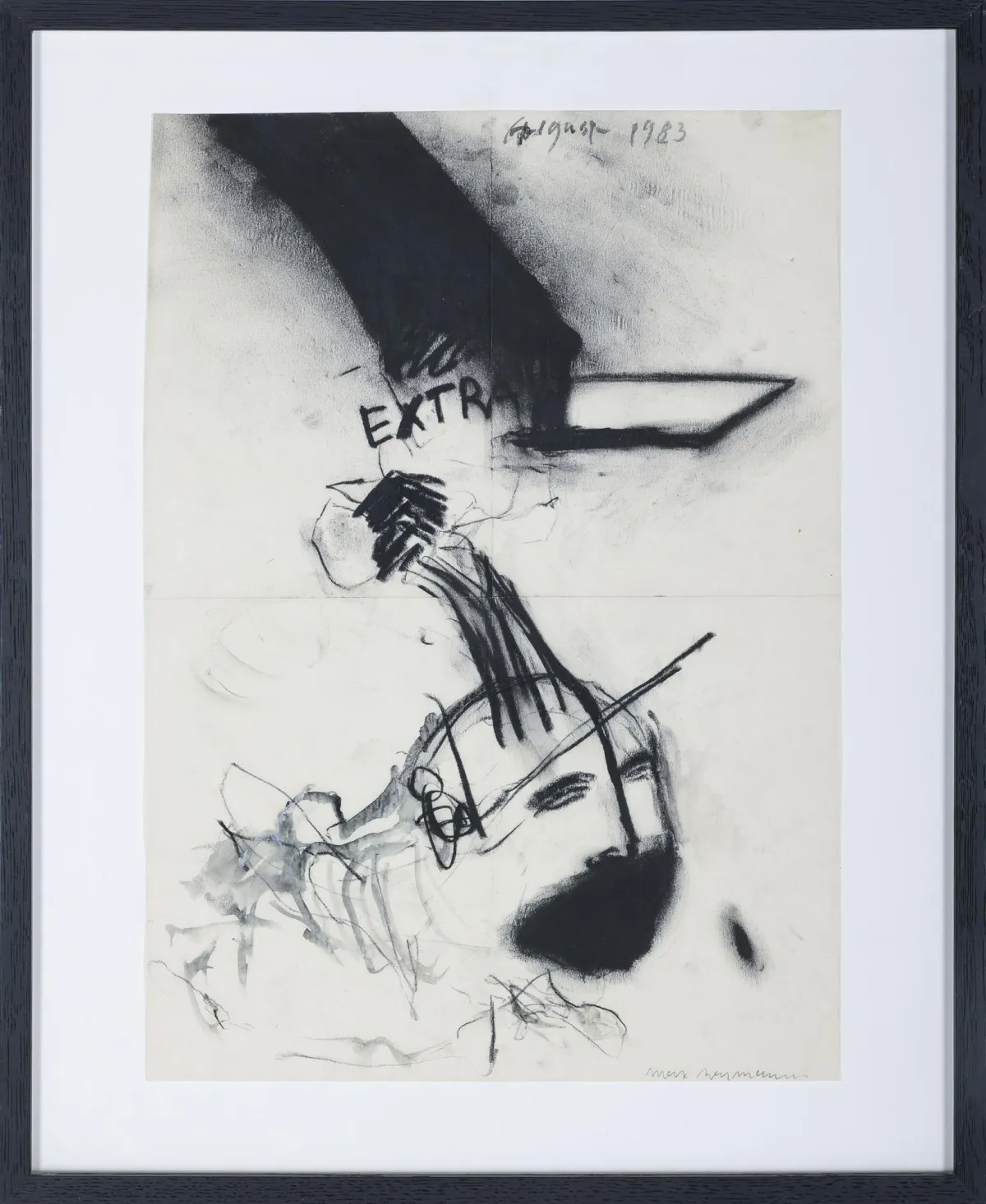 Max Neumann，右下签名，右上标注日期1983年8月，1949年生于萨尔布吕肯 – 活跃于柏林，《Extra》，有标题，墨水、炭笔和铅白，42 x 29,5 cm