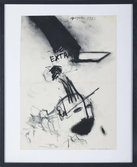 Max Neumann, signé en bas à droite, daté en haut à droite août 1983, Sarrebruck 1949 – actif à Berlin, « Extra », titré, encre de Chine, fusain et blanc de céruse, 42 x 29,5 cm, plis
