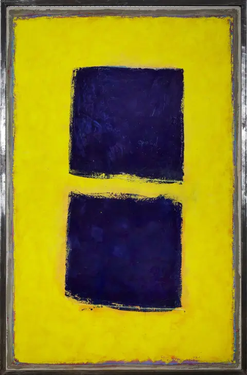 Helga Olufs, signé au verso, daté (19)95, Włocławek 1941 – active dans le Schleswig-Holstein, « Pariser Blau », titré au verso, huile sur toile, 200 x 130 cm