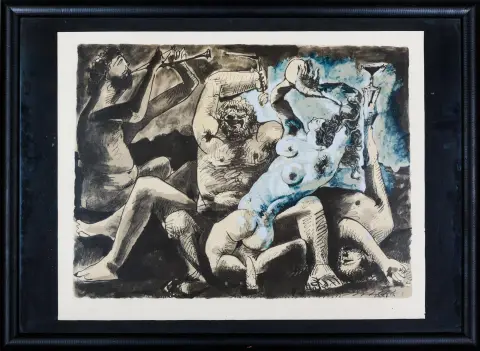 Pablo Picasso, signature au tampon en bas à droite, daté au tampon 22.(23.)9.(19)55, II, Málaga 1881 – 1973 Mougins, « Bacchanale », pochoir sur lithographie