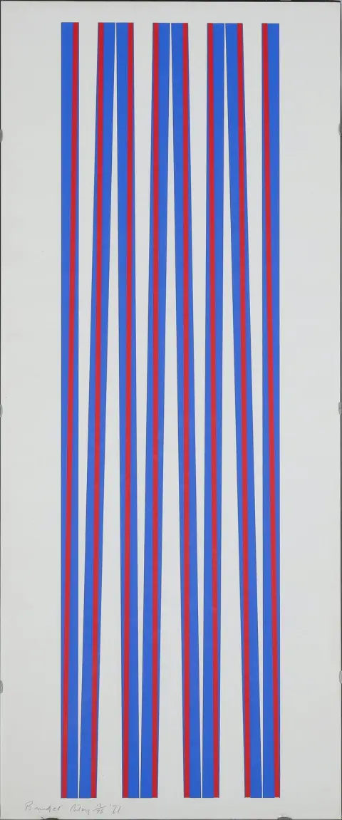 Bridget Riley, handgesigneerd linksonder, gedateerd (19)71, West Norwood 1931 – actief in Londen, "Elongated Triangles I", kleurenzeefdruk, 13/75, 96,5 x…