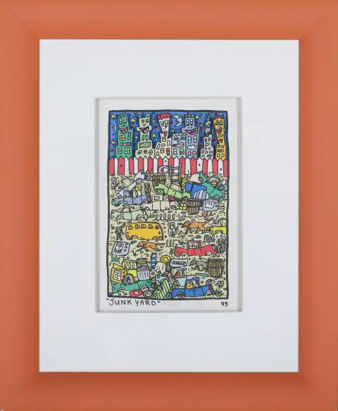 James Rizzi, handgesigneerd, gedateerd (19)95, New York City 1950 – 2011 aldaar, "Junk Yard", getiteld, 3D-kleurenzeefdruk, 177/35, 25 x 16,5 cm