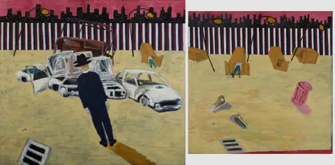 Jörg Söchting, elk verso gesigneerd en gedateerd 1995, Pforzheim 1959 – actief in Berlijn, „Man with two hats, carwrecks” en „Man in cardbox” (gerestaureerd), diptiek, olie/linnen, 76 x 175 cm en 170 x 190 cm, elk zonder lijst (41069-84)