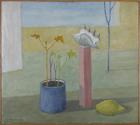 Lojze (Luigi) Spacal, gesigneerd, gedateerd (19)43, Triëst 1907 – 2000 aldaar, "Stilleven met schelp en citroen", olie/multiplex, 49 x 55 cm,…