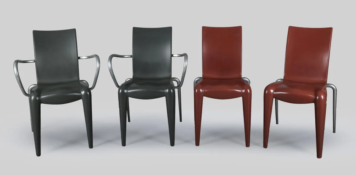 Philippe Starck 为 Vitra 设计，两把扶手椅和两把椅子「Louis 20」，1992 年设计，灰色和酒红色塑料外壳，高 =…