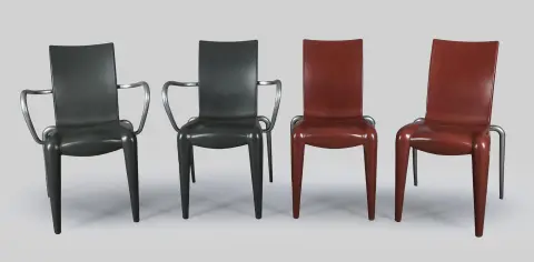 Philippe Starck Vitralle, kaksi käsinojatuolia ja kaksi tuolia ”Louis 20”, suunnittelu 1992, harmaat ja burgundinpunaiset muovikuoret, K =…