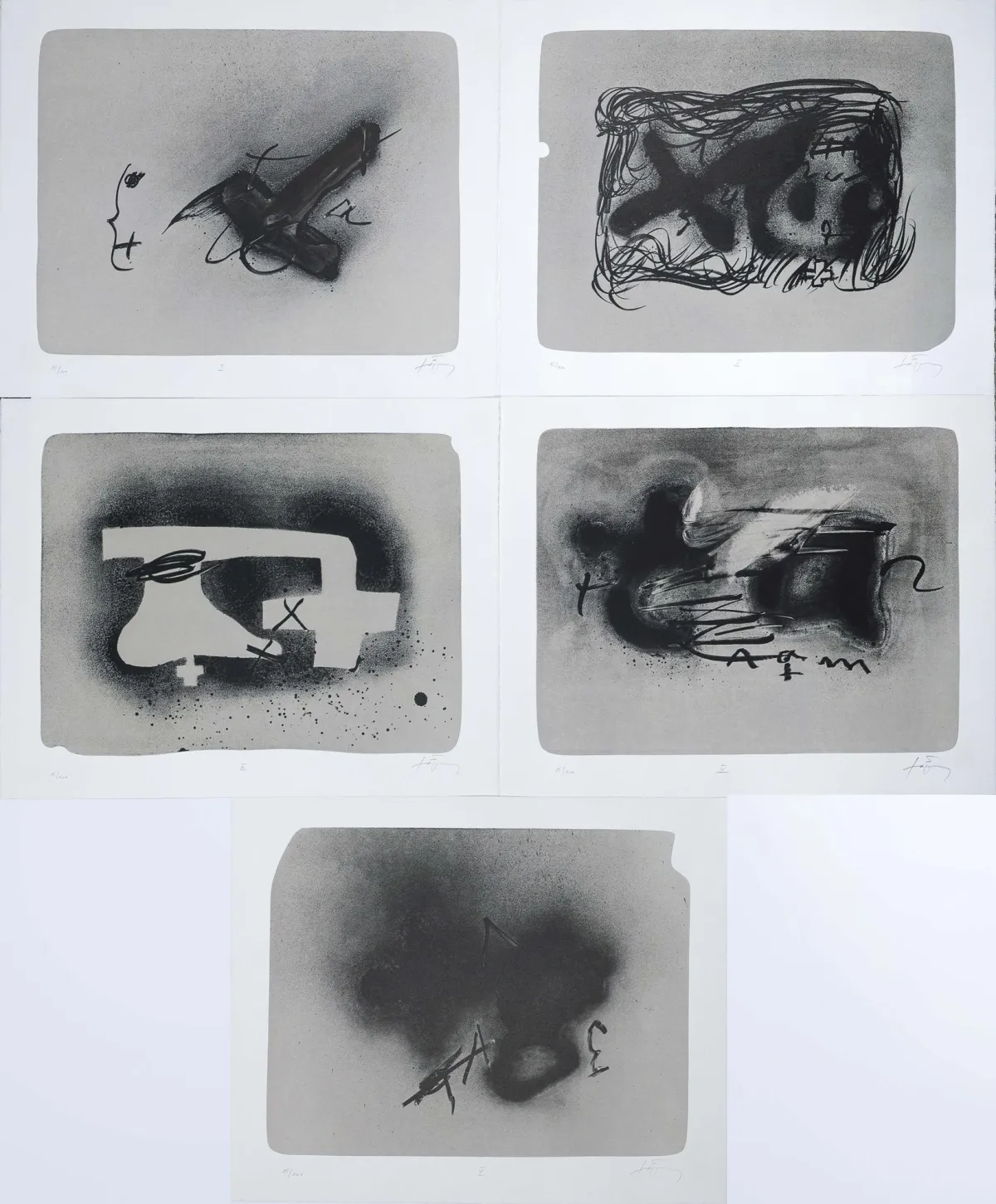 安东尼·塔皮埃斯，右下角手签，巴塞罗那 1923 – 2012 同地，《记忆》文件夹，1988年，含五幅石版画 I-V，每幅 15/100，…