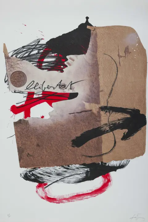 Antoni Tapies, rechtsonder handgesigneerd, Barcelona 1923 – 2012 aldaar, “La Libertat”, kleurenlithografie, 241/300, 75 x 57,5 cm, zonder lijst